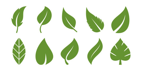 Green leaf icon set, eco-friendly nature symbols