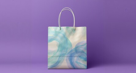 Abstract Watercolor Design Paper Shopping Bag on Purple Background, Still Life