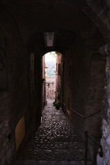 Fototapeta premium Narrow medieval alley with stone arch and cobblestone pavement in Saint Paul de Vence