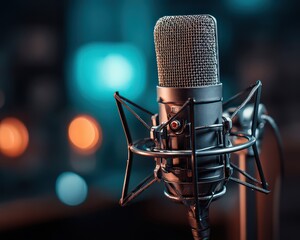 Close Up Studio Microphone On Stand In Dark Recording Studio