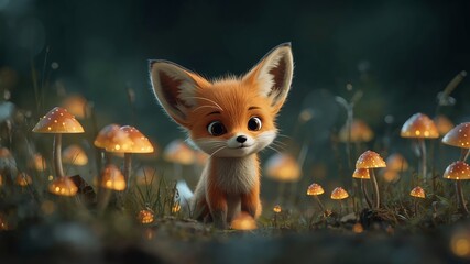 Adorable Cartoon Fox Among Glowing Mushrooms in Enchanted Forest, Whimsical Scene.