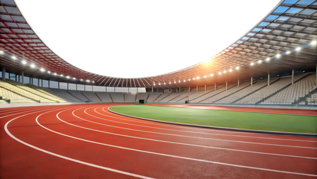 A wide angle view of an empty stadium with running tracks and green field on a bright day with transparent background
