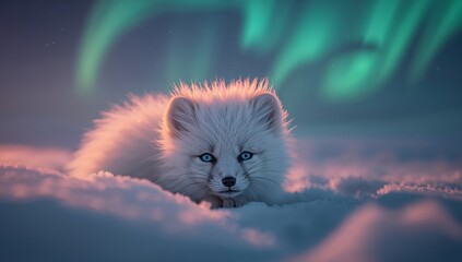 Arctic Fox in a Dreamy Landscape with Northern Lights, Captivating Portrait.