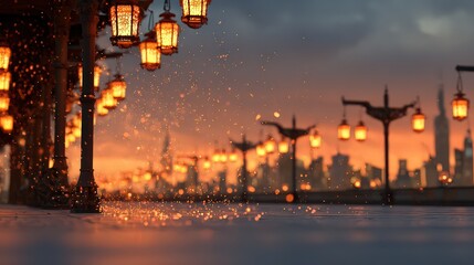 Warm Evening Cityscape With Glowing Lanterns And Sparkling Particles