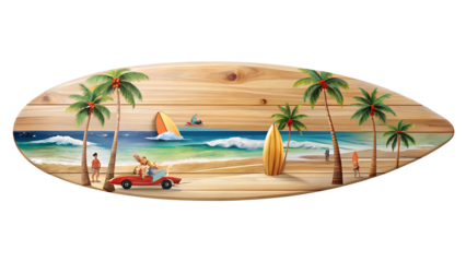 Wooden surfboard with a painted beach scene featuring palm trees, a vintage car, and ocean waves isolated on transparent background