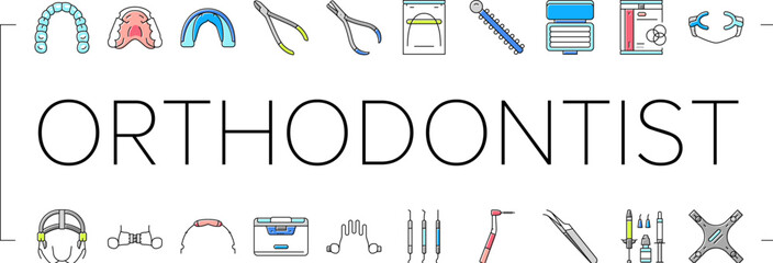orthodontist accessories braces icons set vector