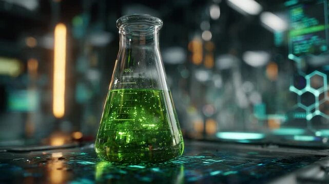 Green liquid swirling in laboratory flask