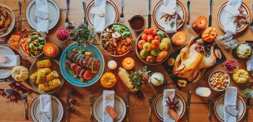 A festive Thanksgiving table filled with a variety of dishes, including turkey, vegetables, and fruits. Thanksgiving feast with turkey and vegetables. Holiday meal. Festive Thanksgiving dinner buffet.