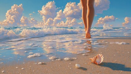 Barefoot walk on a sandy beach at sunrise