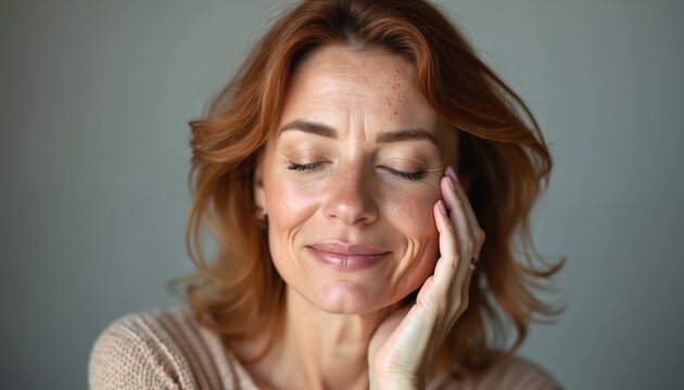 Middle-aged Caucasian woman with freckles touches cheek, revealing smooth skin. Eyes closed, conveying serenity, natural beauty. Portrait focuses on facial features, delicate lines, sunspots.