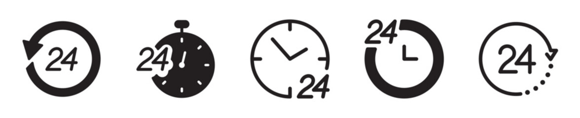 24 hours black icon collection. Day, time, clock, timing symbol. Vector illustration. Editable stroke. Flat design.	Isolated on a white background.