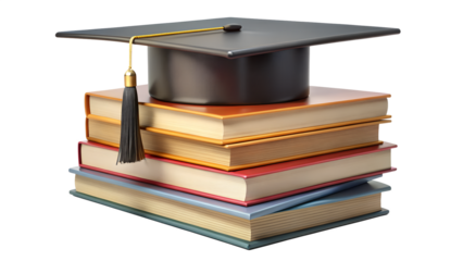 Stack of books with a graduation cap on top isolated on transparent background, symbolizing education and academic success
