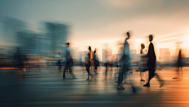 Blurry silhouettes of people walking in a city at sunset