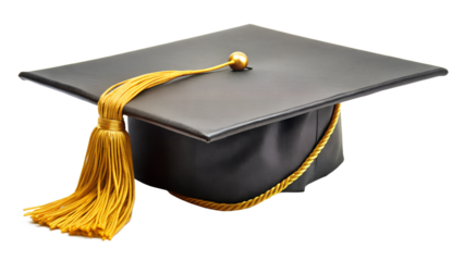 Graduation cap with gold tassel isolated on transparent background, representing academic success and educational attainment