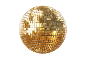 A golden disco ball, perfectly spherical, with reflective, square facets