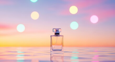 Elegant perfume bottle shimmers with soft bokeh lights against a dreamy sunset sky