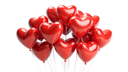 Bunch of red heart balloons isolated on transparent background, perfect for valentines day or any romantic celebration of love
