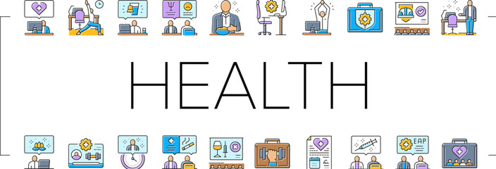 employee health office wellness icons set vector