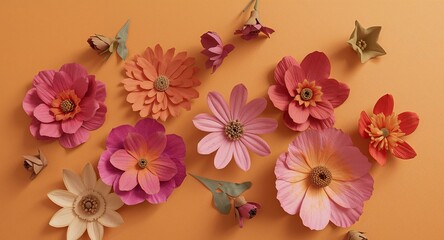 Colorful Paper Flowers on Orange Background, Artistic Floral Arrangement, Closeup