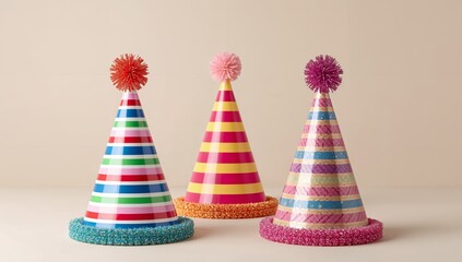 Colorful Party Hats, Festive Birthday Celebration, Fun Decorations, Holiday.