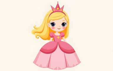 Vector illustration of a little Princess in pastel pink dress with crown and blonde hair. Art of girl for kids birthday party invitation or fairytale greeting cards. Fantasy drawing for nursery poster