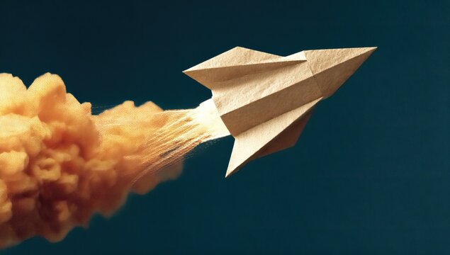 Wooden paper airplane launching through orange smoke