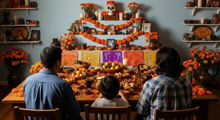 Day of the Dead Family Gathering Celebrating Loved Ones with Altar and Offerings