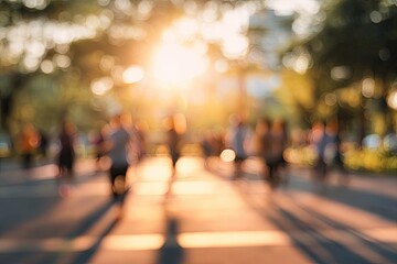 Golden hour park scene, blurred figures