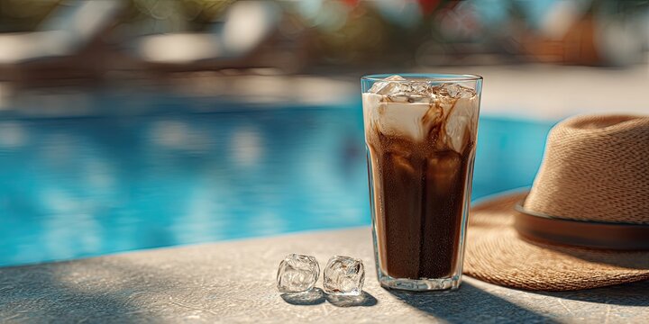Iced coffee by a pool on a sunny day