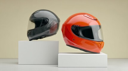 Two helmets, one black and one red, are displayed on a white pedestal. The black helmet is positioned on the left, while the red helmet is on the right