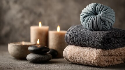 A stack of towels, candles, and stones create a relaxing spa atmosphere