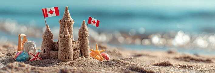 Sandcastle with Canadian flag on a beach