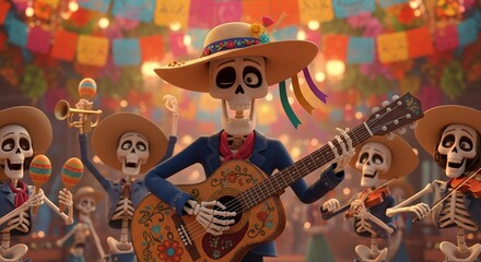 Festive day of the dead celebration with musical skeleton band in a lively atmosphere