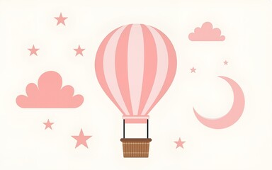 Vector illustration of hot air Balloon, clouds, crescent moon and stars in pastel pink colors. Linear drawing of vintage aircraft for Baby shower greeting cards or newborn party invitations.