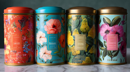 Stunning vintage floral tea tins evoke elegance and luxury, perfect for artisanal branding and decor