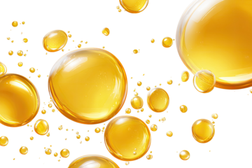 Golden oil bubbles in motion against transparent background