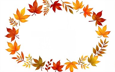 Watercolor card Template with Autumn leaves forming an oval Frame. Illustration of border with fall plants with maple, oak, and fern seasonal invitation designs or harvest festival greeting cards.