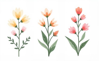 Vector illustration of pastel floral stems with leaves and flowers. Art of plants for botanical prints or children designs. Drawing of herbs for wedding invitations or baby shower greeting cards.