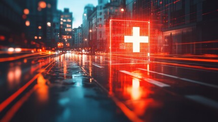 A vibrant city street scene at night, highlighted by a glowing emergency symbol, showcasing a dynamic and futuristic ambiance.