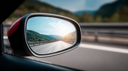 Car's rear view mirror shows a mountain range in the distance. The reflection of the mountains is captured in the mirror, creating a sense of depth and perspective