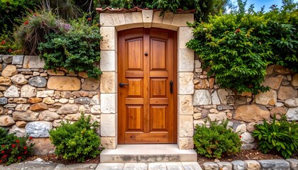 Wooden gate in stone wall. Lush greenery