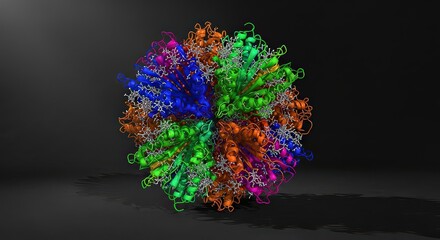Detailed 3D rendering of a complex multi-colored molecular structure, likely a protein or virus capsid, against a dark background.