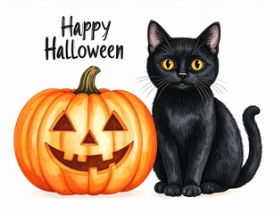 Happy Halloween - Cute Black Cat Sitting Next to a Halloween Pumpkin