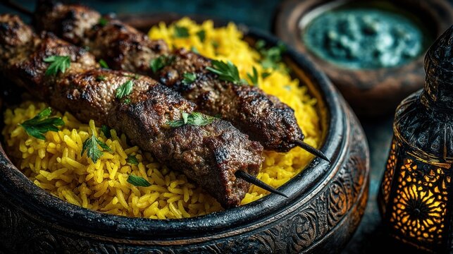 Chelo Kebab, Iran&rsquo;s national dish, features juicy skewers of spiced, grilled meat served atop fluffy saffron rice, often paired with grilled tomatoes, butter, and sumac.