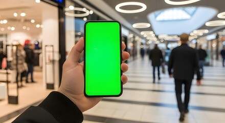 Smartphone Mockup in Shopping Mall with Green Screen for Sponsorship Ad
