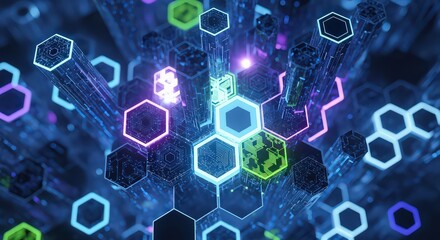 Abstract digital network with glowing hexagonal cells representing data connections and advanced technology.