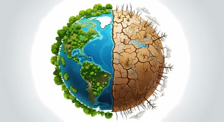 Conceptual illustration of planet Earth divided into two halves showing the effects of climate change, one side lush and green, the other barren and dry.