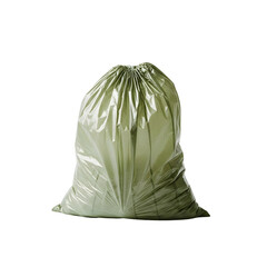 Naklejka premium Isolated green garbage bag full of household waste on a clean white background, ready for disposal.