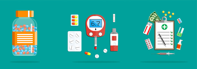 Medical supplies objects set, including a pill bottle, blood sugar meter, and a clipboard with banknotes. Flat vector art collection.