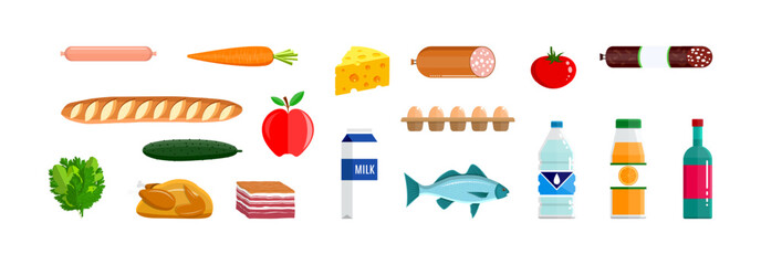 Set of different fresh food products including vegetables, fruits, meat, milk, and drinks for grocery store and cooking concepts.